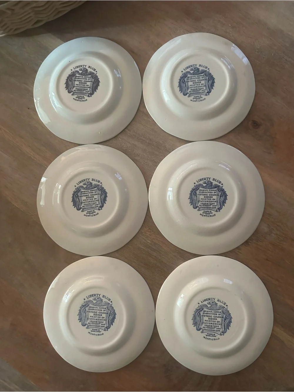 Vintage Liberty Blue Monticello Staffordshire Ironstone Dessert Plates Set of 6